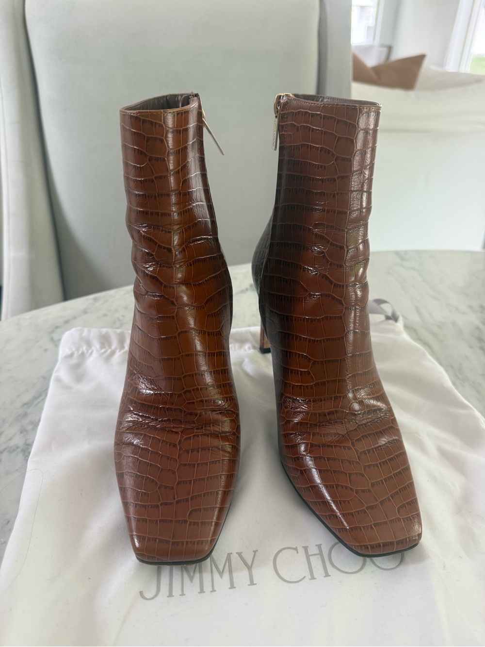 Jimmy Choo Brown Croc-Embossed Leather Ankle Booties - Picture 3 of 8